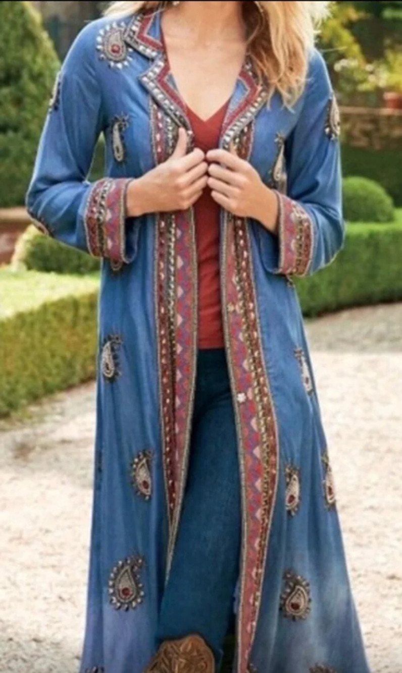 Soft Surroundings Noelia Duster Jacket Denim Beaded Embroidered NEW MSRP $319
